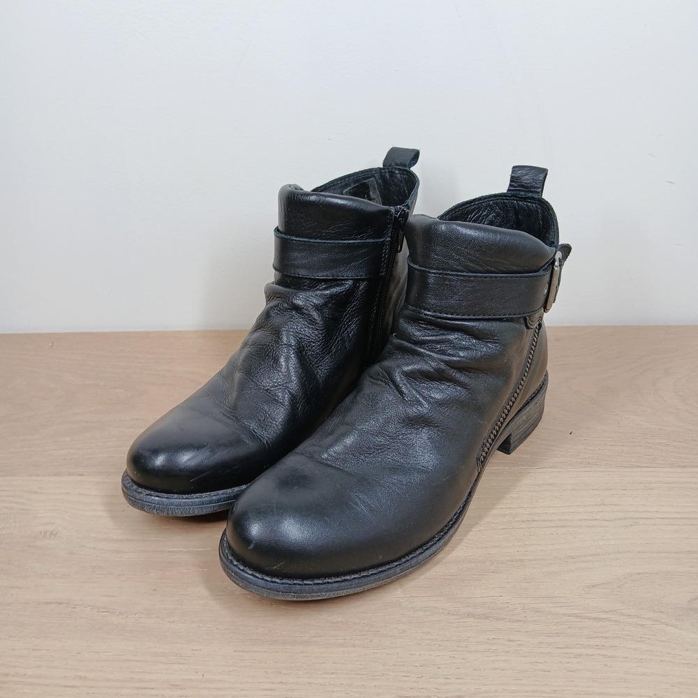 Eric Michael Ankle Boots Womens 9 Black Leather Buckle Zip Moto Biker Boots